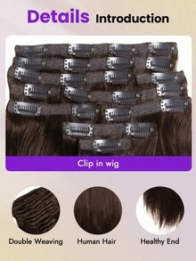 OQ 棕色 10件/包 處女絲滑直髮 真人髮 14-16英吋 不掉髮 簡單適合初學者 易佩戴 夾式接髮 真人髮 舒適 適合學生日常穿搭與旅行 - S4 - 查看 4