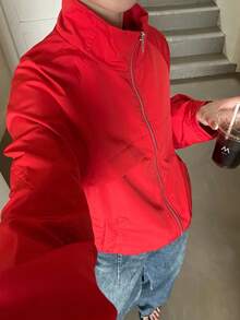 Plus Size Women's Casual Jacket, Red, Short Stand Collar, Commute, Vacation, Preppy Style, Loose Fit, Versatile Jacket - Red - View 6