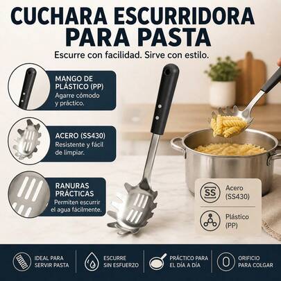 Spaghettilöffel aus Stahl mit schwarzem Soft-Griff, ergonomischer Nudellöffel mit Zinken and Ablauflöchern, robuster Pastalöffel für die Küche, 8x32x5cm