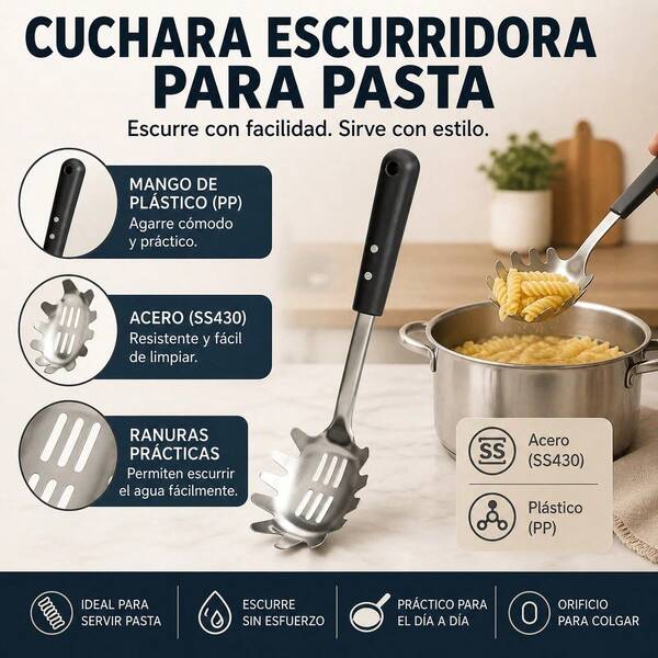 Steel Spaghetti Server With Black Soft Handle, Ergonomic Pasta Spoon With Teeth And Drainage Slots, Durable Kitchen Serving Utensil, 8x32x5cm
