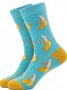 1 Pair Fresh Blue Banana All-Over Print Mid-Calf Socks, Unisex, Creative Fruit Cartoon Pattern Colorblock Socks, Skin-Friendly Sweat-Absorbent Casual Sports Everyday Versatile Socks, Suitable For All Seasons - Multicolor - View 7