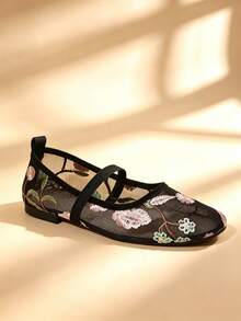 Women's Lace Mesh Embroidered Mary Jane Flat Shoes, Elastic Strap Square Toe Soft Sole Casual Shoes - Black - View 5