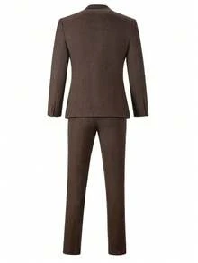 3pcs/Set Boys Herringbone Twill Suit Jacket, Vest, Pants, Suitable For Wedding, Birthday, School, Stage And Other Formal Occasions, Dark Brown, 6-16 Years Old - Brown - View 3