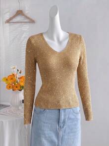 Women's Ribbed Knit V-Neck Long Sleeve Sweater, Gold Metallic Thread Pullover, Slim Fit Top, Autumn/Winter Outfit - Multicolor - View 5