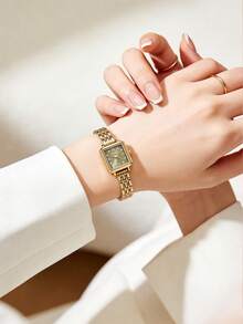1件女款方形復古串珠石英手錶，金色合金錶殼，綠色錶盤，優雅手錶，適合日常配戴與送禮 - 綠色 - 查看 5