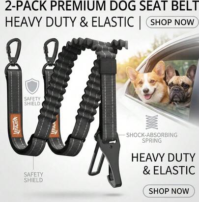 CXRYLZ 2Pcs Dog Car Seat Belt, Adjustable Pet Vehicle Tether With Buckle And Hook Latch, Bungee Leash With 360 °   Swivel Lock Clasp, Black