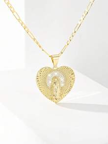 1PC European & American Classic Style Copper Inlaid Zirconia Suitable For Layering Vintage Gold Heart-Shaped Our Lady Of Guadalupe/Virgin Mary Guardian Light Limited Edition Necklace, Suitable For Christmas/Thanksgiving/Halloween/Mother's Day/Valentine's Day Couples/Friends/Fellow Believers Gift, Catholic First Communion, Gift, Daily & Holiday Wear Prayer - Yellow Gold - View 2