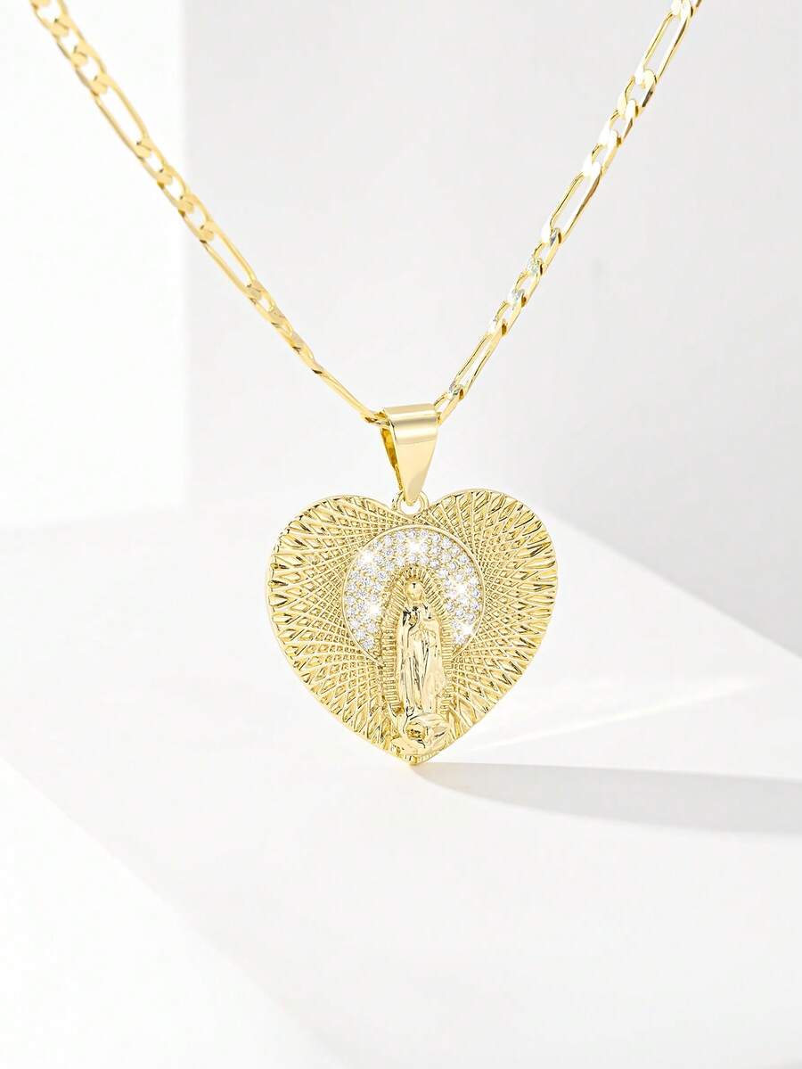 1PC European & American Classic Style Copper Inlaid Zirconia Suitable For Layering Vintage Gold Heart-Shaped Our Lady Of Guadalupe/Virgin Mary Guardian Light Limited Edition Necklace, Suitable For Christmas/Thanksgiving/Halloween/Mother's Day/Valentine's Day Couples/Friends/Fellow Believers Gift, Catholic First Communion, Gift, Daily & Holiday Wear Prayer