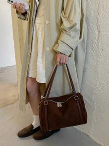 Women's Shoulder Tote Bag, Large Capacity Matte PU, Fashion Elegant Minimalist, Suitable For Shopping And Commuting, Coffee Color - Coffee - View 7
