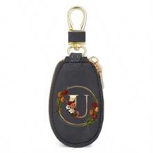 Floral Wreath Letter A-Z Car Key Holder, Mini Car Key Storage Bag, PU Leather Keychain Wallet, Zipper Pouch, Car Key Organizer, Car Keychain, Unisex Gift - Multicolor - View 46