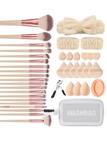 41Pcs/3pcs Beige Makeup Brushes Cosmetic Sponges Triangle Powder Puffs Finger Puffs Silicone Cleaning Bowl Bow Hairband Travel Wash Bag Eyelash Curler Ultra Soft For Foundation Concealer Powder Blending Makeup Tool Kit For Beginners - Beige - View 1
