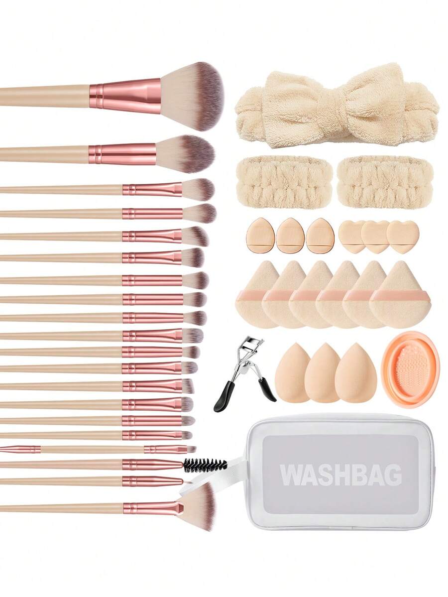 41Pcs/3pcs Beige Makeup Brushes Cosmetic Sponges Triangle Powder Puffs Finger Puffs Silicone Cleaning Bowl Bow Hairband Travel Wash Bag Eyelash Curler Ultra Soft For Foundation Concealer Powder Blending Makeup Tool Kit For Beginners - Beige - View 1