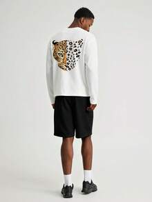 Men's Summer Fashion Letter & Leopard Print Long Sleeve T-Shirt And Shorts 2 Pieces Casual Daily Outfit Set - Black and White - View 1