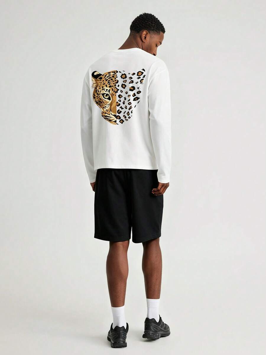Men's Summer Fashion Letter & Leopard Print Long Sleeve T-Shirt And Shorts 2 Pieces Casual Daily Outfit Set - Black and White - View 1
