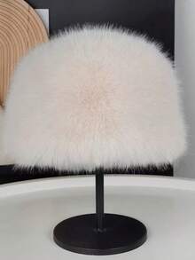 1PC Solid Color Elegant Casual Polyester Faux Fox Fur Round Top Flat Top Bucket Hat For Women, Warm, Versatile, Face-Slimming, Winter - Multicolor - View 13