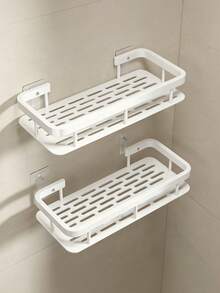 1pc No-Drill Adhesive Bathroom Shelf, With 2 Hooks, Minimalist Shower Corner Storage Rack, Waterproof Plastic Toiletries Organizer, Suitable For Shampoo And Bathroom Accessories, Ideal For Renters - A - View 6