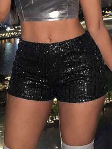 Unadoll Women's Autumn Black Sequin High Waist Shorts, Fashion Slim Fit Shorts, Suitable For Party, Outing And Back To School - Black - View 10