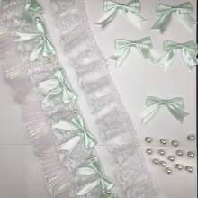 Black Elastic Double Layer Ruched Lace Trim, Elastic Lace Ruffle, Suitable For Sewing DIY Handmade Clothing Fringe, Race Ribbon, Coming Of Age Hair Ornament - 1 Yard Lace + 5 Pcs Oversized Bows - View 3