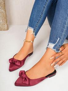 Spring Summer Autumn New Burgundy Satin Bow Mule Slippers Pointed Toe Closed Toe Flat Half-Slippers Commute Date Gentle Wear Office Party Banquet Women's Shoes - Burgundy - View 5
