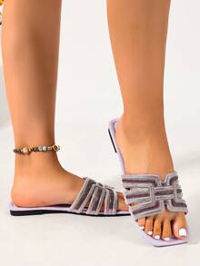Ximi Ruo Women's Rhinestone, Fashion Casual Strap Outdoor Slippers For Spring/Summer, Comfortable Flat Heel Round Toe Beach Shoes, Holiday Essential, Flat - Purple - View 5