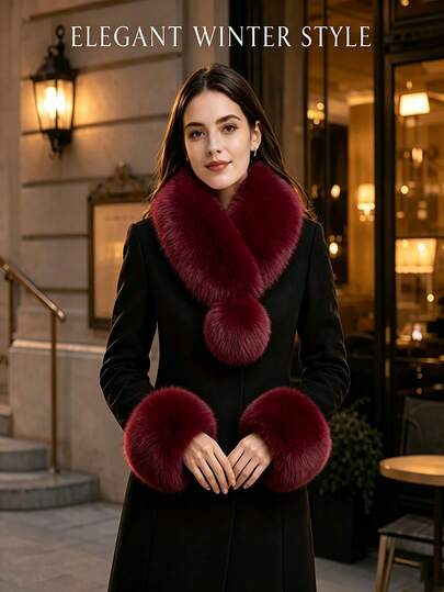 3pcs Women's Faux Fur Scarf & Wrist Warmer Set, Plush Neck Warmer With Pom Poms And 2 Detachable Matching Wrist Warmers, Elegant Winter Coat Accessory For Weddings And Holiday Outfits