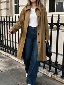Minimalist Twill Straight Wool Coat Women Pocket Midi Work Travel Fall Winter Fashion - Brown - View 6