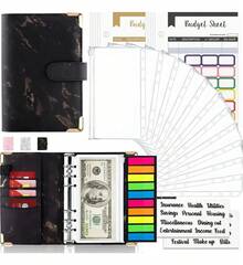 YICHN Organizador De Dinero A6,Agenda A6 de Anillas Desmontable + 12 Tarjetas dePresupuesto +12 Sobres para Efectivo +stickers en inglés y etiquetas. Incluye 200calcomanfas de regalo. Gris - Negro - Ver 1