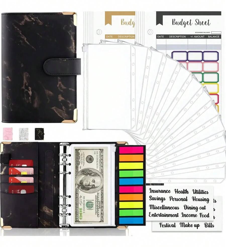 YICHN Organizador De Dinero A6,Agenda A6 de Anillas Desmontable + 12 Tarjetas dePresupuesto +12 Sobres para Efectivo +stickers en inglés y etiquetas. Incluye 200calcomanfas de regalo. Gris - Negro - Ver 1