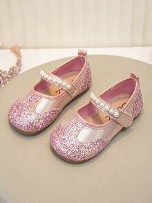 1 Pair Toddler Girls Pearl Decor Glitter Fabric Non‑Slip Round Toe Mary Jane Flat Princess Shoes For Party Daily Wear - Hot Pink - View 1