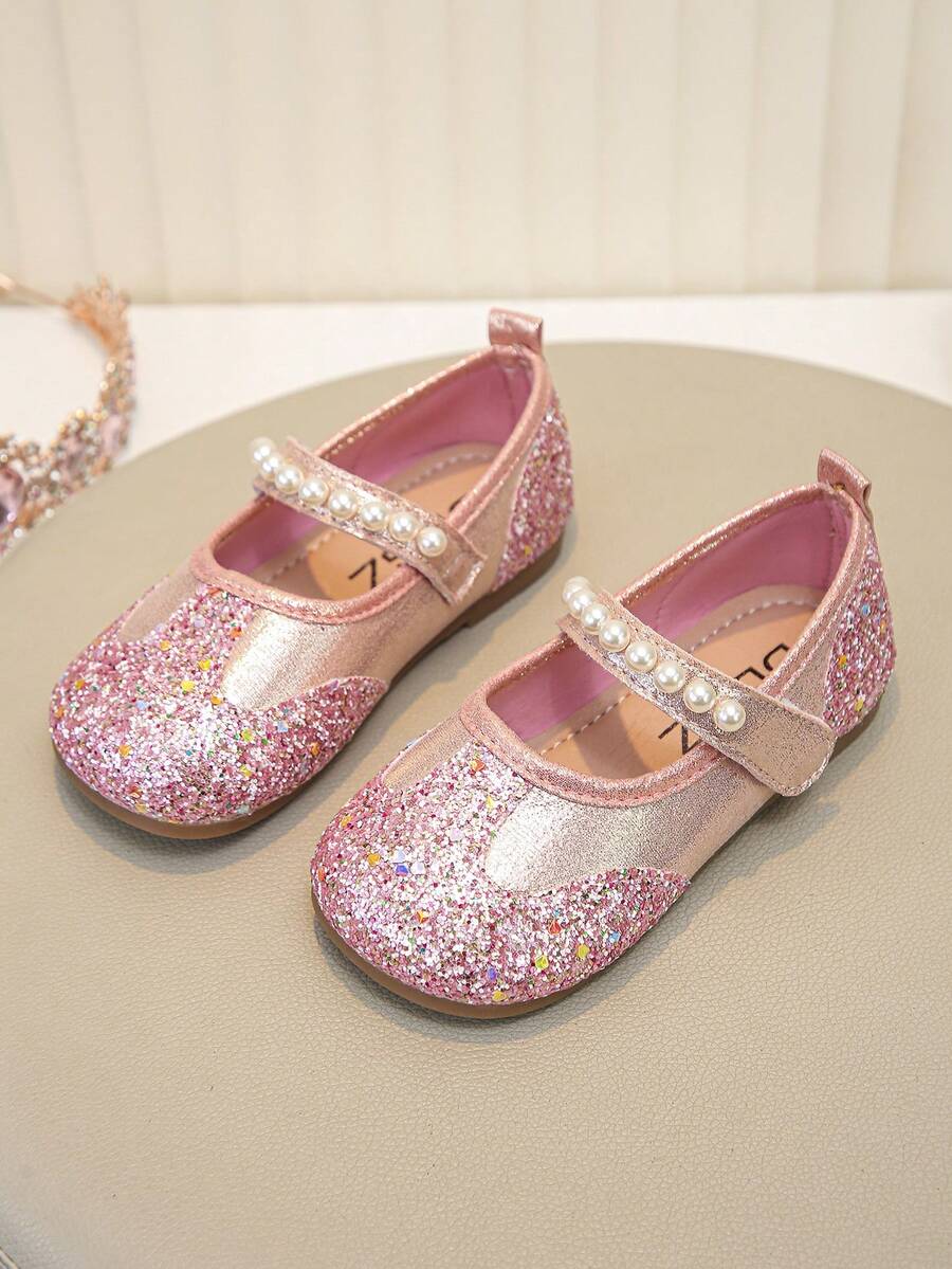 1 Pair Toddler Girls Pearl Decor Glitter Fabric Non‑Slip Round Toe Mary Jane Flat Princess Shoes For Party Daily Wear - Hot Pink - View 1