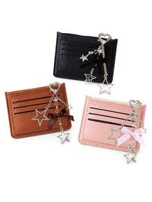 Minimalist Ultra-Thin Card Case, Featuring Delicate Heart-Shaped Star Bowknot Metal Chain Keychain, Money Bag, Card Holder, Wallet,Small Purse - Multicolor - View 9