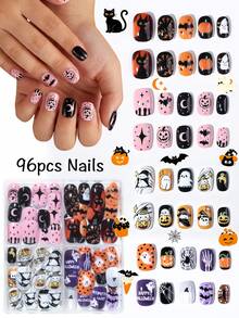 96pcs Y2K Style Halloween Cartoon Little Girl Press-On Artificial Nails, Full Coverage Short Kids Fake Nails Set, Girls Gift, Nail Art Decoration, Holiday Nail Set - Multicolor - View 2