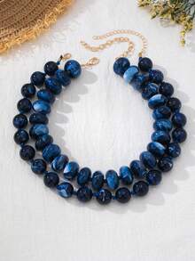 OABE 2pcs/Set Bohemian Style Navy Blue Beaded Layered Necklace Set Suitable For Women's Daily Wear - Blue - View 6
