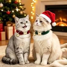 2pcs Burgundy + Dark Green Soft Velvet Cat Collar With Gold Bell Metal Buckle, Adjustable Size Comfortable Wear, Universal For Cats And Small Dogs Pet Neck Collar Accessory, Christmas, Oktoberfest - Burgundy & Dark Green - View 4