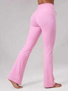 Sodalemon Women's Solid Color Drawstring Waist Flared Yoga Pants, Elastic Fitness Training Casual Running Sports Leggings - Pink - View 8