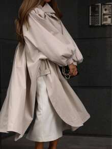 Women's Solid Color Lantern Sleeve Loose Button Pocket Trench Coat Jacket - Apricot - View 3