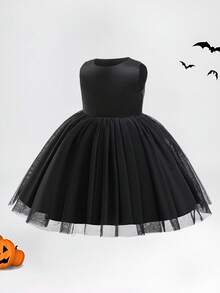 Baby Girls Round Neck Solid Color Party Tutu Princess Dress Pumpkins Ghost Cape 2pcs Set Suitable For Halloween Party, Headband Not Included - Multicolor - View 8
