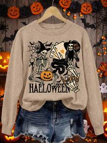 Sweater West Wind Halloween Skeleton Witch Playing Cards Black Snake Pumpkin Spider Web Print, Cocok Untuk Dipakai di Musim Gugur/Dingin, Hangat dan Nyaman - Unta - View 5