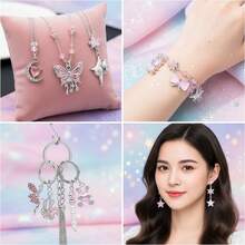5/20pcs Silvery Plated Pink Rhinestone Charms Ballerina Fairy Butterfly Bear Moon Star Bow Shell Pendant For DIY Necklace Earring Jewelry Making - Pink - View 7