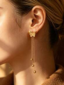1 Set Elegant Butterfly-Shaped Stainless Steel Stud Earrings For Women, Suitable For Daily Wear/Vacation Travel/Party Dating - Yellow Gold - View 3