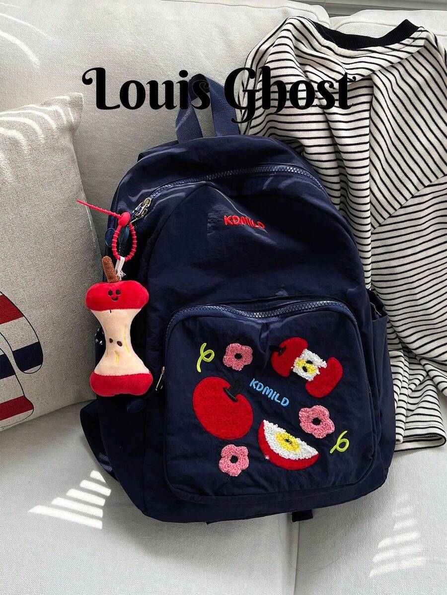 Cute Apple Embroidered Backpack, Versatile Small Backpack For Students, School And Commuting. Large Main Compartment Capacity, Easily Fits Your Textbooks, Tablet And Daily Essentials; Whether For School, Commuting, Weekend Shopping Or Short Trips, It's Your Indispensable Fashion Companion. No Pendant. - Multicolor - View 1