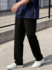 1件装 男童休闲纯色牙签褶皱装饰运动户外华夫格直筒裤，春秋季 - 黑色 - 查看 3