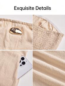 AIJ Women's Beige Pure Cotton 2 Pieces Set, Elegant Tube Top With Buttons And Shorts, Suitable For Outings, Casual, Daily And Holiday Occasions - Apricot - View 3