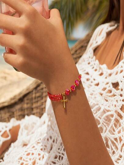 1pc Women's Daily Casual Double Layer Red Cross Pendant Braided Rope Adjustable Bracelet, Everyday Accessory