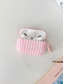 Cute Pink Stripe Earbud Case Cover, Glossy Hard Shell Protective Earphone Case With Keychain, Shock‑Resistant Decor Earbuds Protector, Portable Earbud - Multicolor - View 2