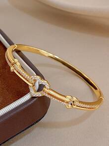 1pc Elegant Hollow Heart Series Bangle Bracelet For Women Luxury Zirconia Golden Copper Bangle For Daily Party Valentine Birthday Christmas Jewelry Gift - Multicolor - View 4