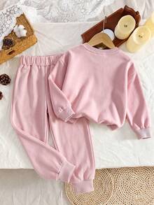 2pcs/Set Girls Toddler Autumn/Winter Cute Cartoon Dinosaur Print Crew Neck Sweatshirt + Jogger Pants Casual Versatile Outfit - Pink - View 2