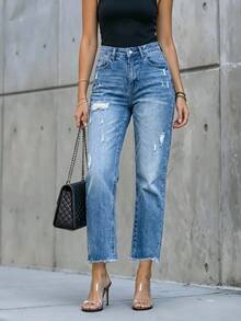 Women's Light Blue Washed Distressed Straight Leg Jeans, Vintage Distressed Denim Pants With Frayed Edges And Ripped Details - Blue - View 1