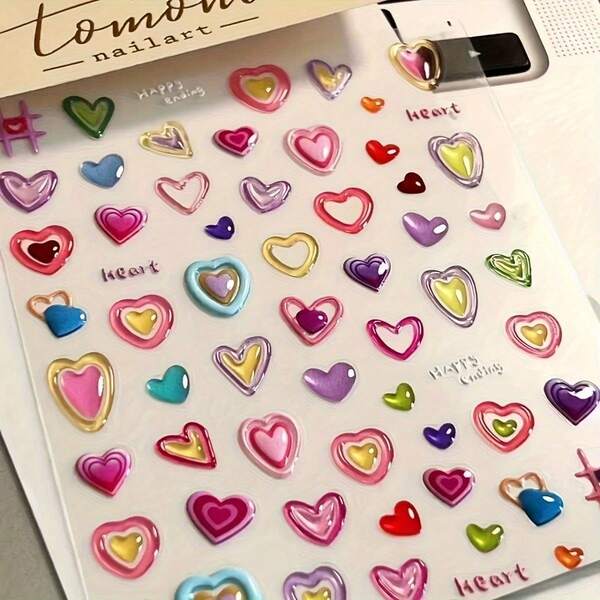 Pegatinas de uñas con corazón de gelatina 3D, resina de cristal colorida con relieve autoadhesiva, suministros de arte de uñas DIY, decoraciones de manicura con relieve tridimensional, hoja de pegatinas de uñas para arte de uñas DIY