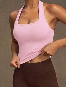 VVX Women's 2 Pieces Workout Set Capri Yoga Legging High Waist Tummy Control Halter Neck Backless Sports Tank Top Slim Gym Suit - Pink - View 5